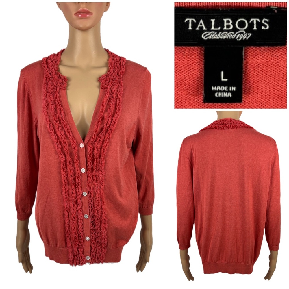 Talbots Womens Large Cardigan Orange Coral Silk Cotton Button 3/4 Sleeve EUC